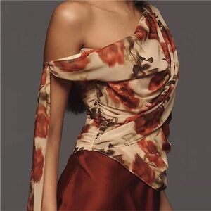 For Love & Lemons One-Shoulder Satin Floral Blouse